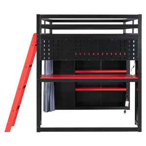 English Elm Full Size Wood Loft Bed with Wardrobe Desk Shelves Rgb Lighting and Blackout Curtains Black+Red LT000269AAJ-1