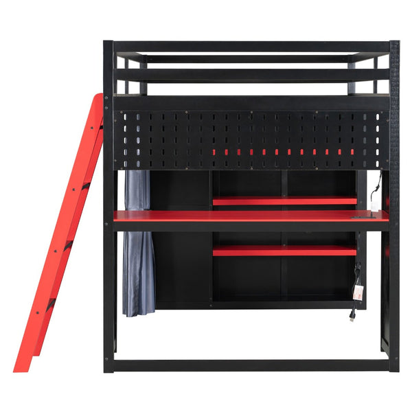 English Elm Full Size Wood Loft Bed with Wardrobe Desk Shelves Rgb Lighting and Blackout Curtains Black+Red LT000269AAJ-1