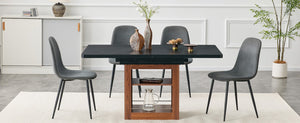 English Elm Expandable Walnut Dining Set with Four Linen Chairs Seats Six in Modern Style Dark Gray,Walnut+Black W1151S04693