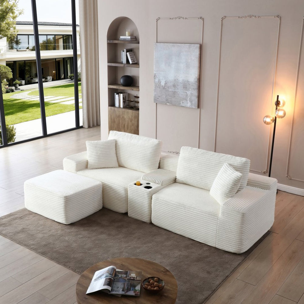 English Elm Modular Cloud Sectional Sofa with Corduroy Deep Seating Usb Ports and Storage Ottoman Beige W1117S00358