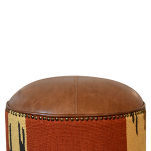 English Elm Solid Buffalo Leather Durrie Fabric Cube Footstool with Walnut Nordic Tapered Legs B182P280809