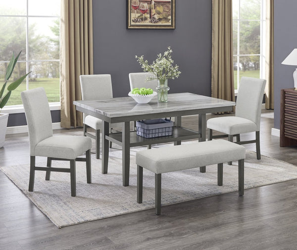 English Elm Selena Six Seat Faux Marble Rectangular Dining Set with Upholstered Chairs and Bench B061S00940