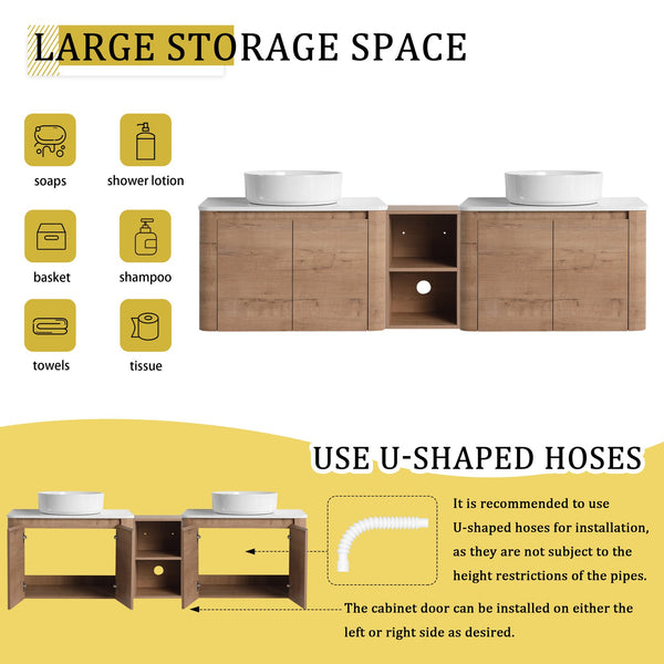 English Elm 72'' Wall-Mounted Bathroom Vanity With Ceramic Sink, Soft-Close Doors & Ample Storage Shelves W999S00416