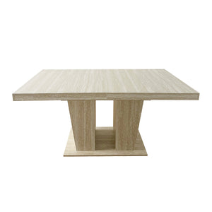 English Elm Rectangular extendable dining table with veined travertine top, beige MDF, sturdy wide feet, 6-10 seats W1347S00018