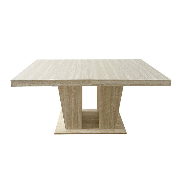 English Elm Rectangular extendable dining table with veined travertine top, beige MDF, sturdy wide feet, 6-10 seats W1347S00018
