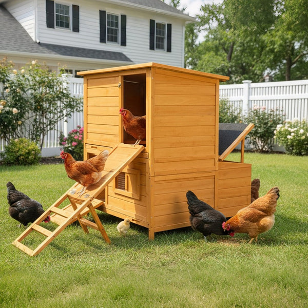 English Elm Chicken Coop Spruce Wood Double House for 8 Birds with Nesting Boxes Flip Roof W3166P436704