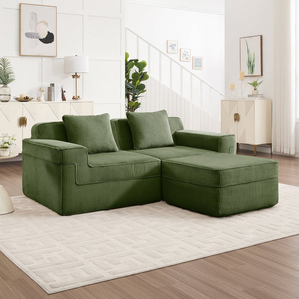 English Elm Modular 2-Seat L-Shape Sectional Sofa In Green Corduroy, Ultimate Comfort With Movable Ottoman & Pillows W3041S00330