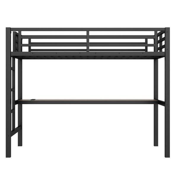 English Elm Metal Twin Loft Bed With Integrated Desk, Power Outlet, Led Lights - Space-Saving Design In Black W1580P372863