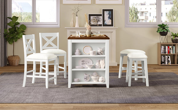 English Elm TOPMAX Counter Height Rustic Farmhouse 5-Piece Dining Set for 4 with Stacked Storage Shelves, Beige Upholstery White SP001134AAK