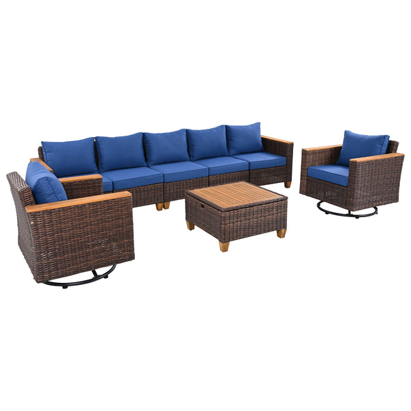 English Elm K&K 8-Piece Wicker Patio Set with 360° Swivel Rockers, Acacia Storage Table, Durable Cushions Blue+Brown N707S000016E