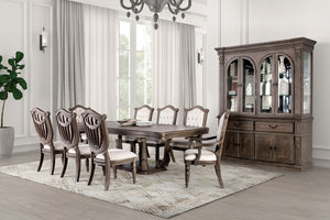 English Elm Vintage Luxury Dining Room Furniture Set - Weathered Oak 9Pc With Tufted Beige Chairs & Pedestal Table B2741S00751-GIGA