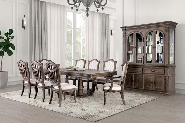 English Elm Vintage Luxury Dining Room Furniture Set - Weathered Oak 9Pc With Tufted Beige Chairs & Pedestal Table B2741S00751-GIGA