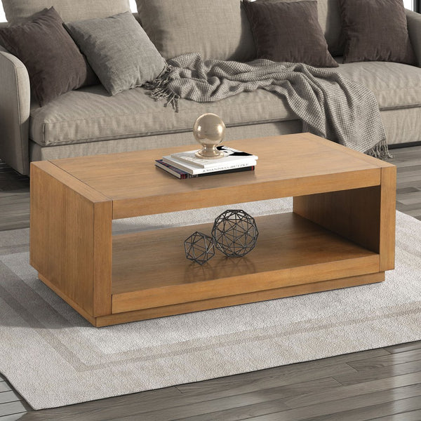 English Elm 3pc Modern Living Room Table Set with Open Bottom Shelf and Plinth Base in Medium Finish, Stylish centerpiece for seating areas Oak 48 L x 28 W x 12 H B2741S00653
