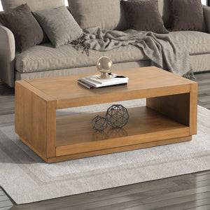 English Elm Rectangle Modern Coffee Table with Plinth Base and Open Shelf, Medium Wood Finish, Stylish Living Room Centerpiece Oak 48 L x 28 W x 12 H B2741P395382