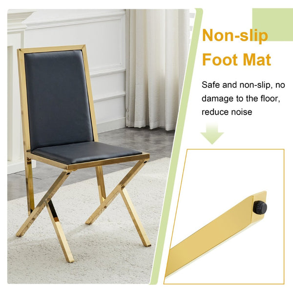 English Elm 2-pack Black Pu Leather Dining Chairs with Angled Silver Metal Legs Modern Set Black+Gold W1151P301835
