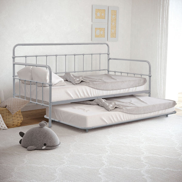 English Elm Silver Sleek Metal Twin Daybed with Built-In Trundle | Contemporary Minimalist Black Frame, Mattress-Ready Silver 16 L x 78 W x 8 H B2741P364826