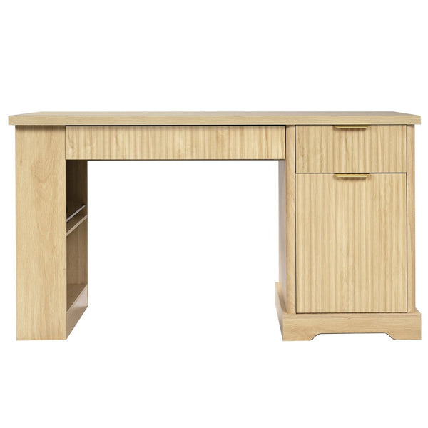 English Elm 55" Fluted White Computer Desk with Power Outlet Pegboard Cabinet and Keyboard Tray W2917P396017