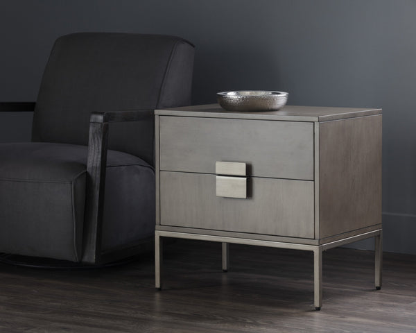 Sunpan Jade Nightstand - Elegant Acacia Wood Design with Dual Drawers for Stylish Bedroom Storage Solutions Antique Silver / Ash Grey