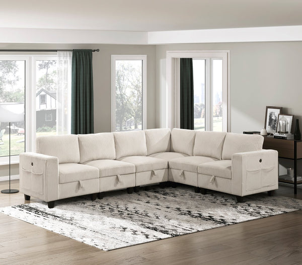 English Elm 6-Piece modular sectional with hidden storage drawers, side pockets and USB charging in corduroy fabric Beige 28.5 L x 29 W x 20.5 H B011S01078