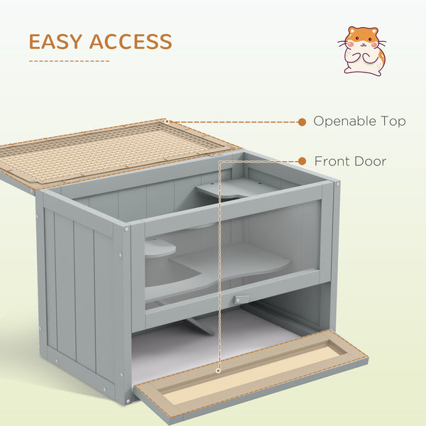 English Elm PawHut Wooden 2-Level Small Animal Habitat for Hamsters Mice Gerbils Guinea Pigs with Ramp and Ventilated Top Grey W2225P200495