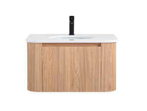 English Elm Arcora 30 Inch Wall Mounted Bathroom Vanity With Curved Sink, Wave Texture, Soft-Close Drawers & More W3235P336177