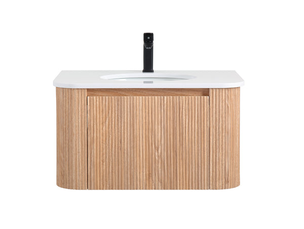 English Elm Arcora 30 Inch Wall Mounted Bathroom Vanity With Curved Sink, Wave Texture, Soft-Close Drawers & More W3235P336177
