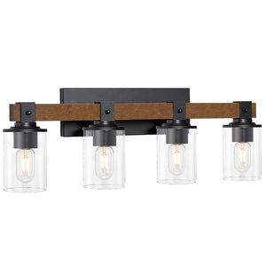 English Elm 4-light Industrial Farmhouse Vanity Bar Wood Backplate Matte Black Clear Glass Bath T3963P458336