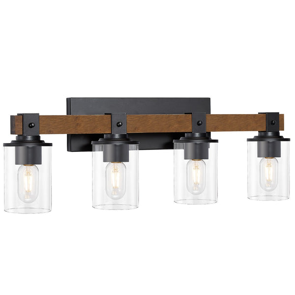 English Elm 4-light Industrial Farmhouse Vanity Bar Wood Backplate Matte Black Clear Glass Bath T3963P458336