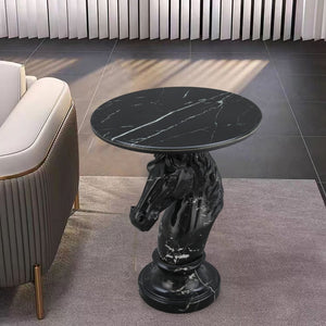 English Elm Horse Head Sculpted Resin End Table with Faux Marble Top for Bold Living Rooms Black W5398P454679