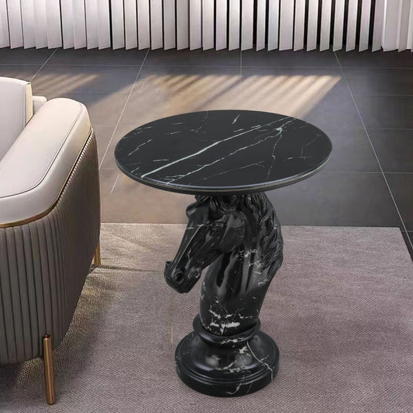 English Elm Horse Head Sculpted Resin End Table with Faux Marble Top for Bold Living Rooms Black W5398P454679