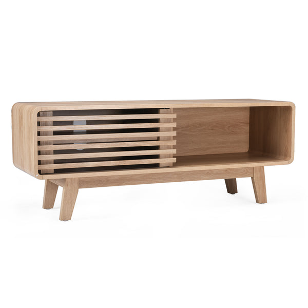 English Elm TV Stand Sleek Mid-Century Console with Sliding Door Storage and Open Shelves for Organized Living Room Natural T3623P379956