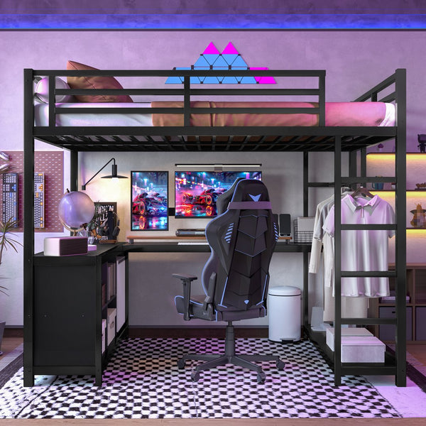 English Elm Metal Loft Bed With Integrated Desk, Storage Shelves & Wardrobe – Space-Saving Solution For All Ages W1580S00117