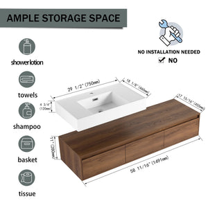 English Elm 60 Inch Wall-Mounted Bathroom Vanity With Resin Sink, Soft-Close Drawers & Floating Design Charm W999S00258