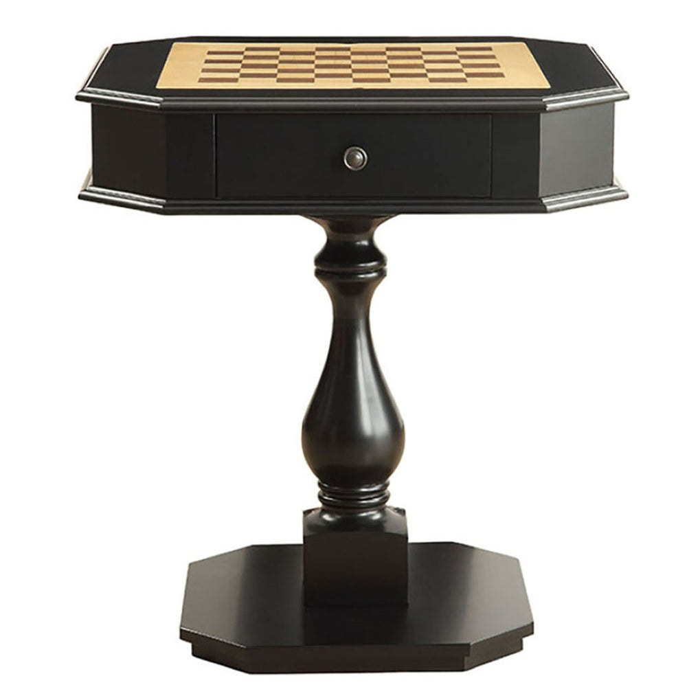 English Elm Black Matte Pedestal Game Table with Chessboard Top and Two Storage Drawers B062P189142