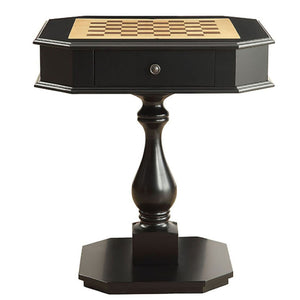 English Elm Black Matte Pedestal Game Table with Chessboard Top and Two Storage Drawers B062P189142