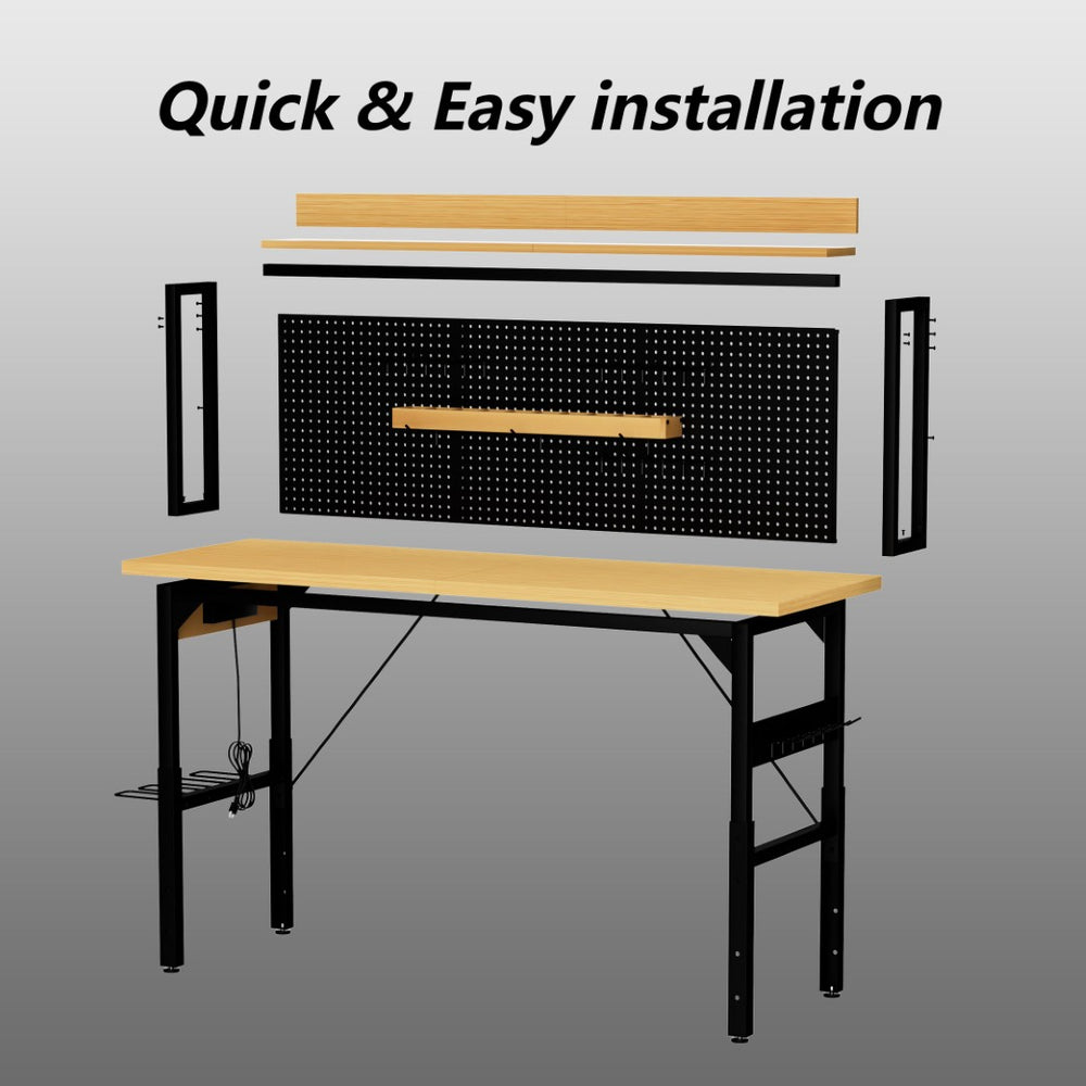 English Elm 71''adjustable Rolling Workbench with Pegboard Power Strip and Locking Wheels for Garage W1162P384342