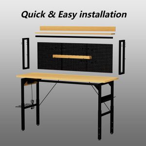 English Elm 71''adjustable Rolling Workbench with Pegboard Power Strip and Locking Wheels for Garage W1162P384342