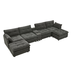 English Elm 154" Corduroy U-shaped Sectional with Ottomans Six Seat Modular Cloud Sofa Usb Console Grey W1998S00103