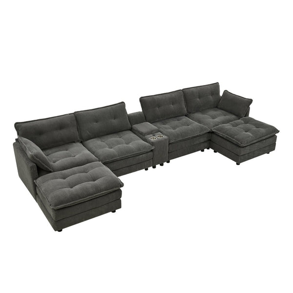 English Elm 154" Corduroy U-shaped Sectional with Ottomans Six Seat Modular Cloud Sofa Usb Console Grey W1998S00103