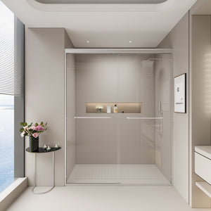 English Elm 56" Frameless Sliding Shower Door Tempered Glass Soft Close Matte Hardware Alcove Fit Brushed Nickel W1920P385322