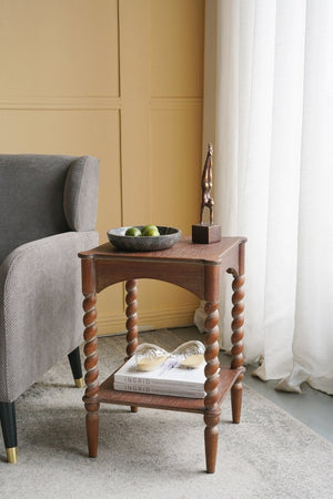 English Elm 15.5x15.5x23.5" Farmhouse Wood Side Table Barley Twist Legs Tiered Open Shelving W2078P460667
