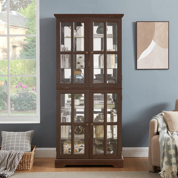 English Elm Curio Clear Glass Display Cabinet with Lattice Doors, Adjustable Shelves, E26 Bulb Included, Vintage Chic Cherry W2275P231688