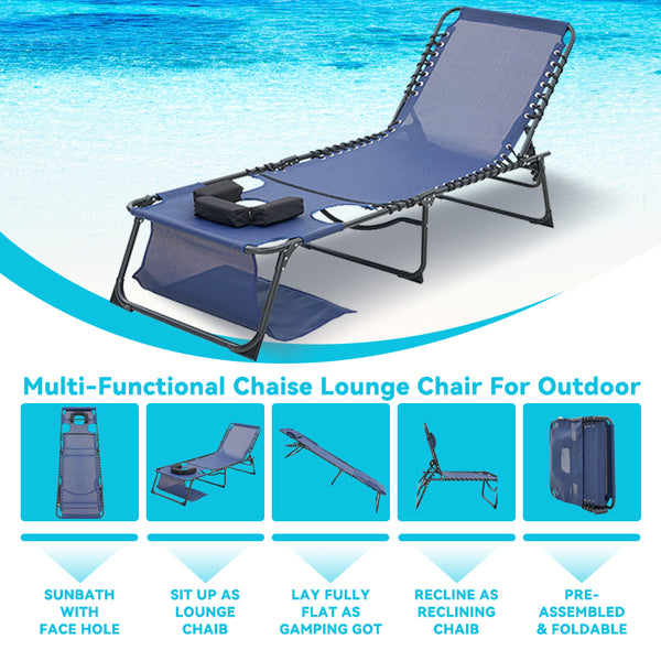 English Elm Face Down Chaise Lounge Chair with Face & Arm Holes, 5-Position Foldable Recliner for Pool Patio Relaxation Dark Blue W3162P277280
