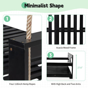 English Elm TOPMAX Acacia Wood Twin Porch Swing Bed Frame with High Back, 350lb Capacity & 118" Hemp Ropes Black N717P265795B