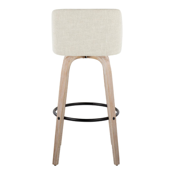 English Elm Fixed-height Barstools Whitewashed Bent Wood Cream Upholstered Seat Black Footrest Pair B202S00666