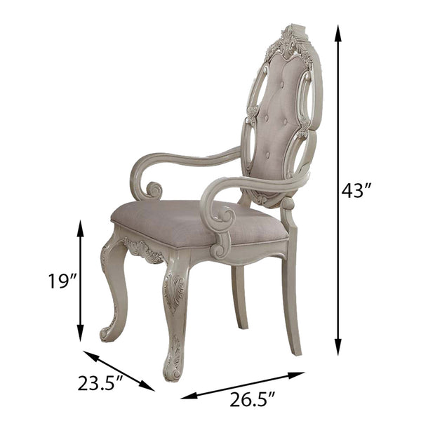 English Elm Beige Antique White Button-Tufted Arm Chairs Set of 2 with Cabriole Wood Legs, Classic Dining Elegance B062P185674