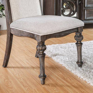 English Elm Elegant Round Pedestal Dining Set Carved Wood Table with Four Upholstered Side Chairs Ivory,Natural,Natural+Rustic B2741S00886