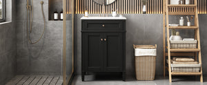 English Elm 24" Bathroom Vanity with Ceramic Basin, French-Inspired Accent Carvings, Soft-Close Doors & Storage Black N710P293309B