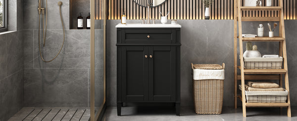 English Elm 24" Bathroom Vanity with Ceramic Basin, French-Inspired Accent Carvings, Soft-Close Doors & Storage Black N710P293309B
