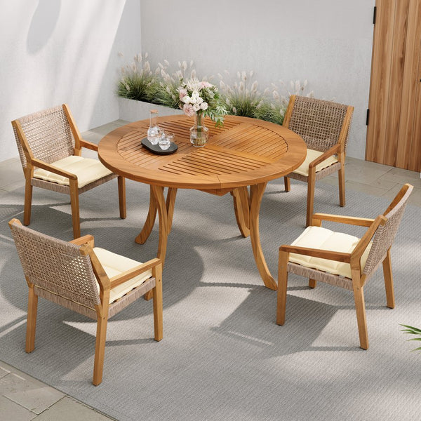 English Elm Christopher Knight Home® - Outdoor Dining Set – 5-Piece Premium Acacia Wood Table & Wicker Chairs With Cream Cushions For Comfort N770P272397G004_62916.00